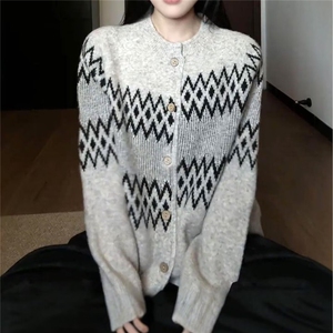 春秋复古毛衣女日系针织开衫新款提花慵懒风外套百搭宽松外穿上衣图片