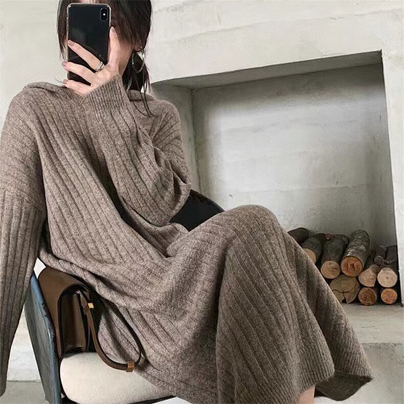 秋季大尺码宽松羊绒连帽洋装针织羊毛长版内搭保暖配大衣毛衣裙女，女装连衣裙，萱芳婷羊绒