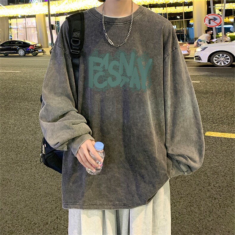 直播品质重磅纯棉美式蜡染水洗做旧潮牌宽松长袖t恤CT361特P38,男装T恤,电商A486