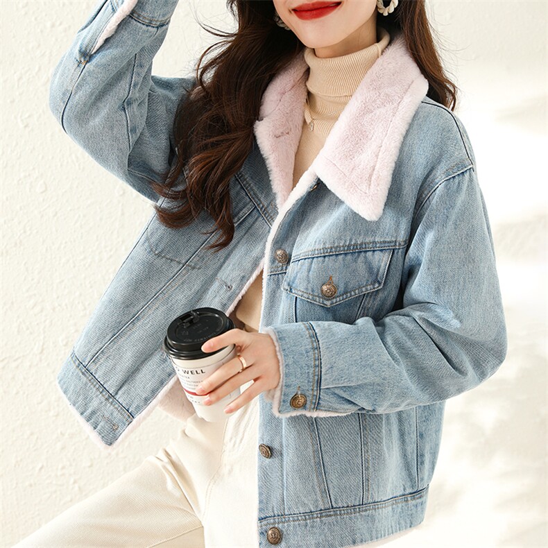 现货2023冬季加绒加厚皮毛一体牛仔派克服女宽松大口袋撞色棉衣,女装派克服,梦懿尔