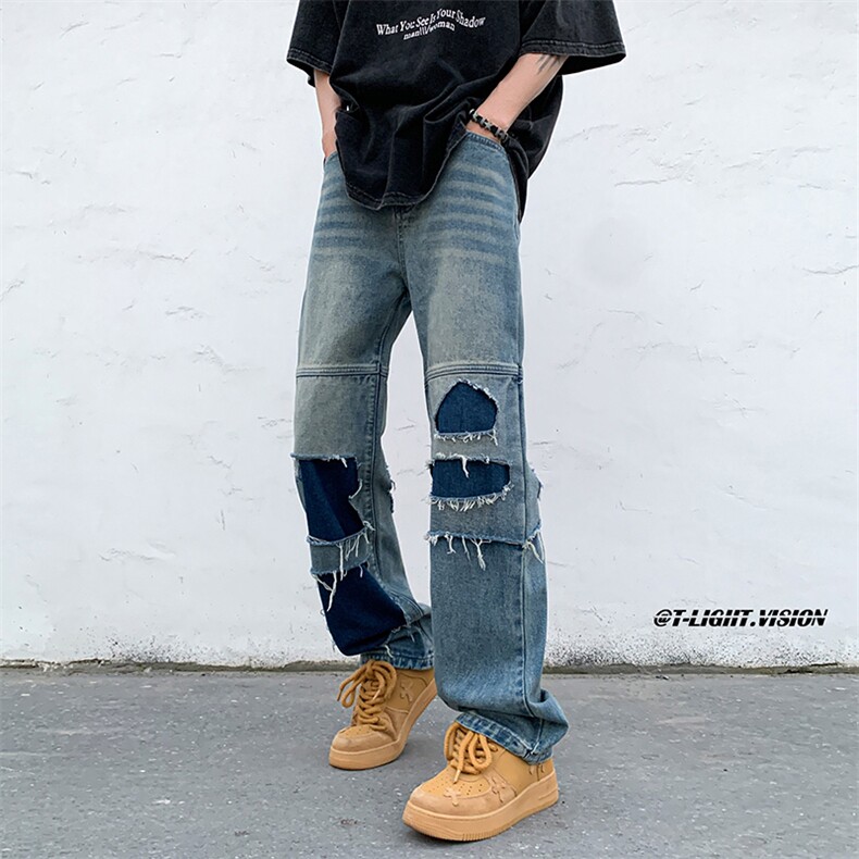 B221美式ins高街暗黑小众撞色破洞直筒牛仔裤LK23109-P65控88,男装牛仔裤,电商B221
