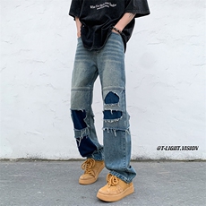 B221美式ins高街暗黑小众撞色破洞直筒牛仔裤LK23109-P65控88，男装牛仔裤，电商B221