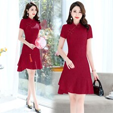 夏季红色蕾丝旗袍连衣裙女改良高端洋气妈妈送考高考年轻款裙子夏，女装连衣裙，鑫鑫美
