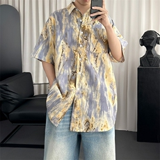 美式休闲宽松短袖衬衫小众潮牌抽象夏季撞色情侣衬衣，男装T恤，星座1210-1
