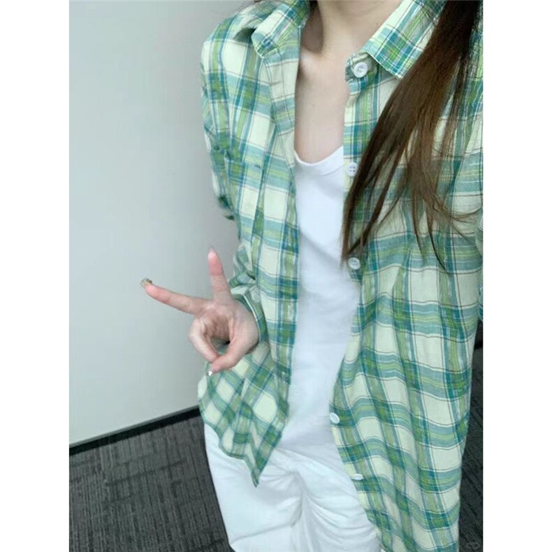 MISSMARM韩系绿色格纹显白翻领宽松衬衫女春夏格子防晒衬衣外套,男装防晒衣,星座506A