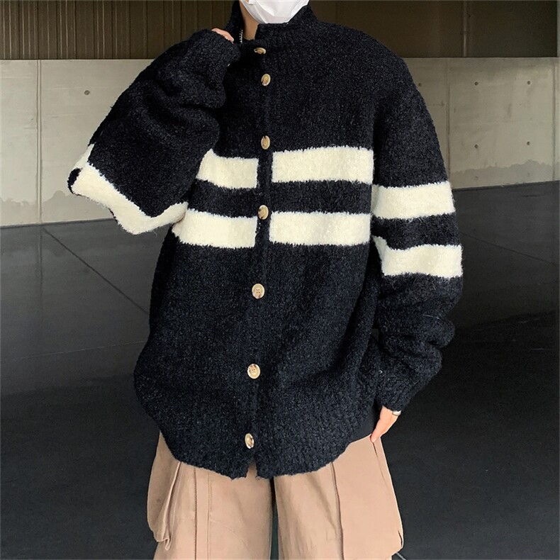 立领撞色高领毛衣条纹开衫男女秋冬新款慵懒宽松休闲软糯针织外套图片