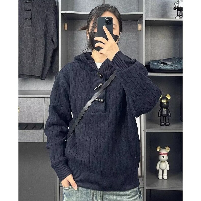 牛角扣设计感半开衫毛衣外套秋季穿搭慵懒高级感宽松连帽针织衫,男装针织衫/毛衣,星座506A