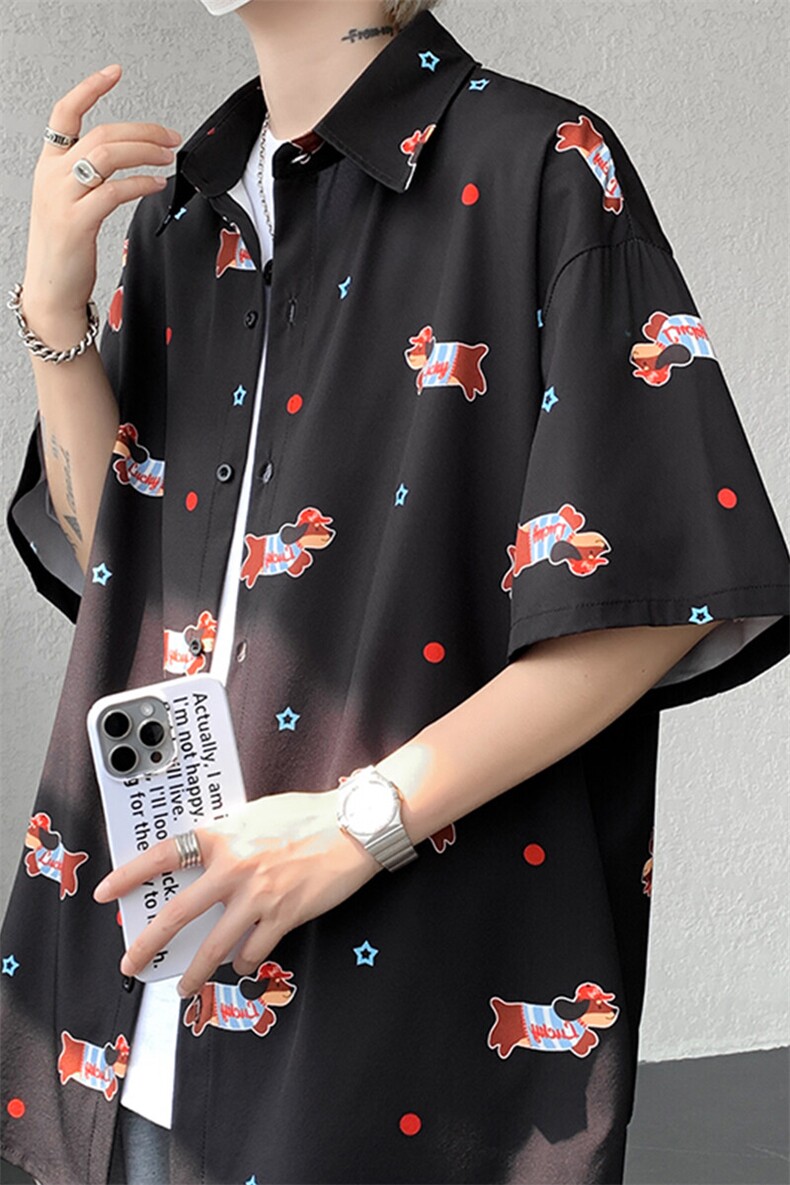 8XL-M腊肠狗花衬衫男短袖夏季冰丝薄款花衬衣寸衫外套DC28003P38,男装T恤,电商B312