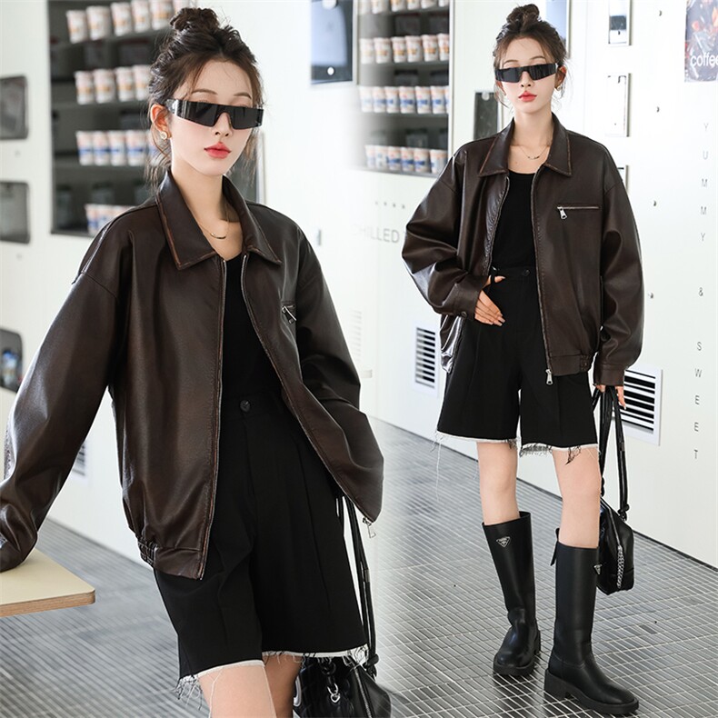 现货高品质定制款2024秋冬秋新款时尚休闲百搭气质皮衣夹克外套女，女装皮衣，潮流依族