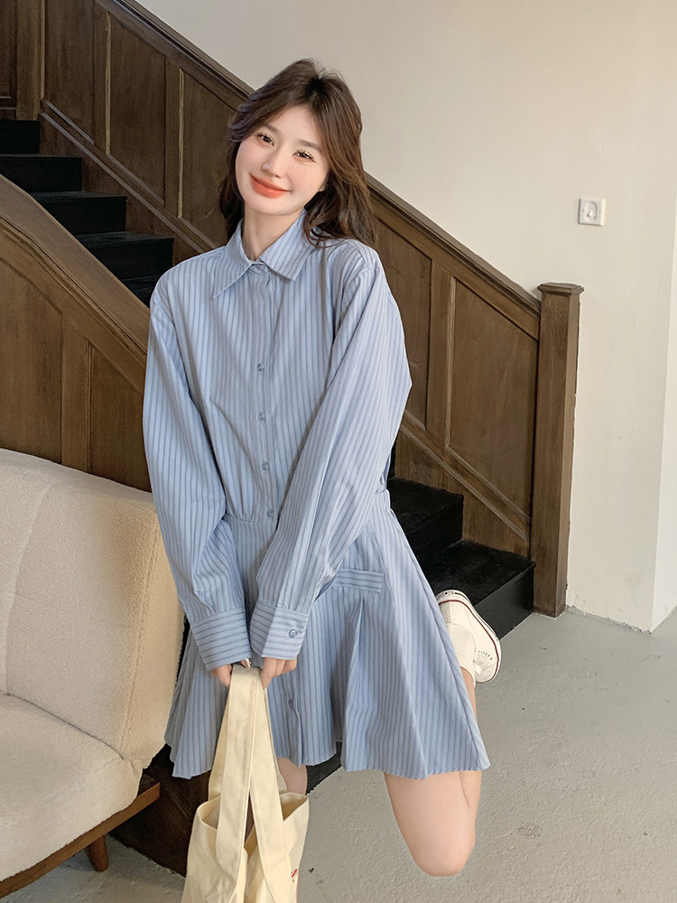 韩系竖条纹长袖衬衫连衣裙女2025秋新款学院风气质高腰显瘦a字裙,女装连衣裙,浙宝220