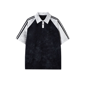 拼接撞色短袖Polo衫男生夏季薄款条纹半袖t恤扎染潮牌宽松上衣服图片