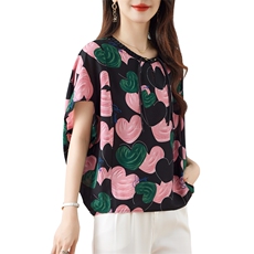 2024夏季新品洋气透气雪纺印花小衫，女装蕾丝衫/雪纺衫，余墨