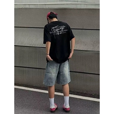 抖音得物供货210克现货宽松纯棉美式潮牌印花落肩袖纯棉T恤AT2172，男装T恤，电商A443
