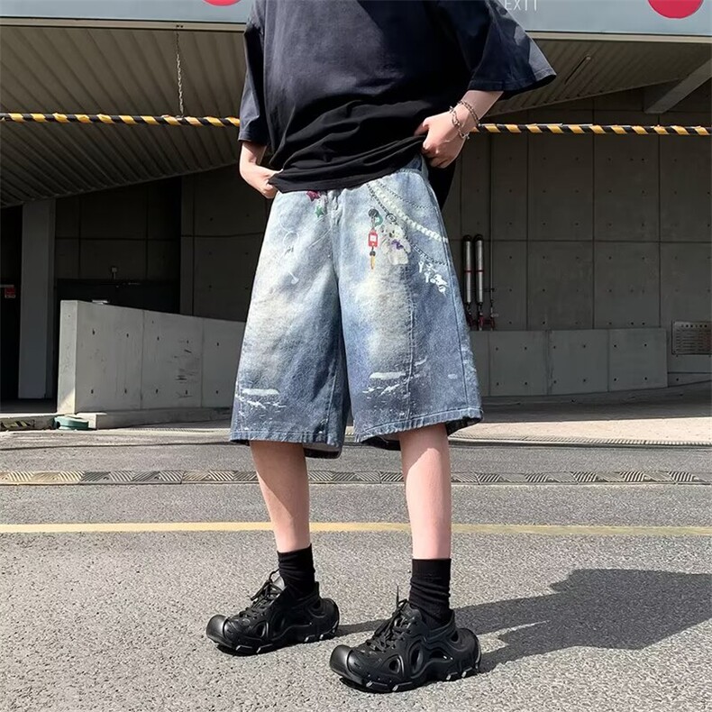 美式七分裤夏季新款满印挂饰阔腿街头宽松直筒中裤潮BM1155P52,男装牛仔裤,星座1013-5