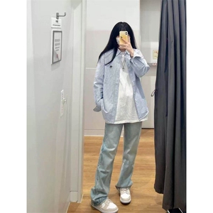 TC624-P45韩系甜美减龄条纹衬衫上衣女休闲刺绣时髦宽松衬衣图片