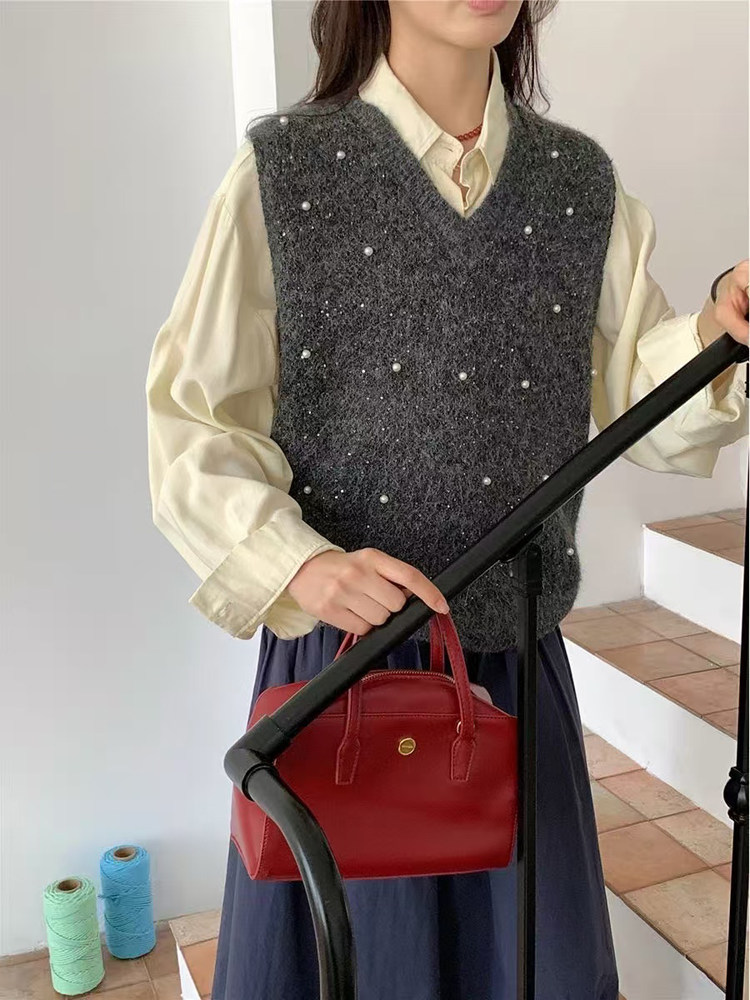 2025年秋季时尚百搭通勤简约休闲珠片纱珍珠V马甲，女装马甲，暖姿羊绒
