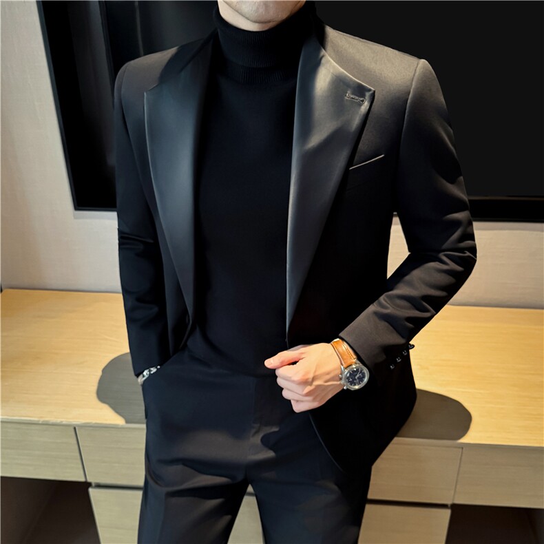 老钱风羊毛立领拼接西装男时尚个性穿搭西服黑色外套DX7047-P275,男装西服套装,电商A213