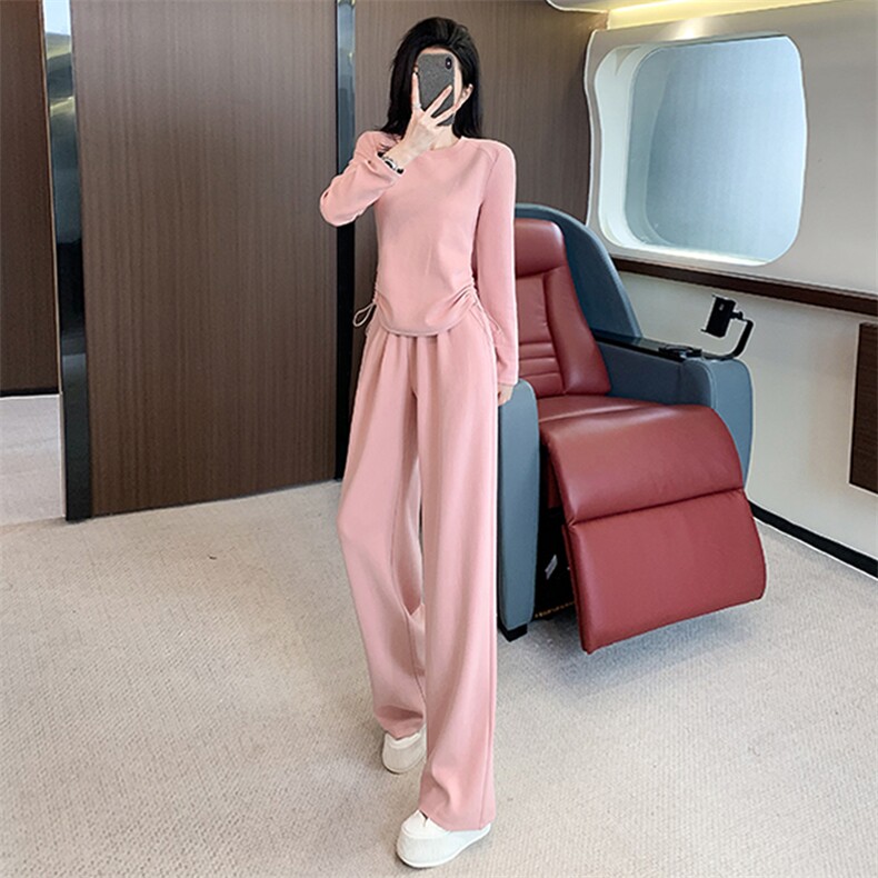 女秋季新款显瘦长袖上衣高腰阔腿裤两件套潮图片