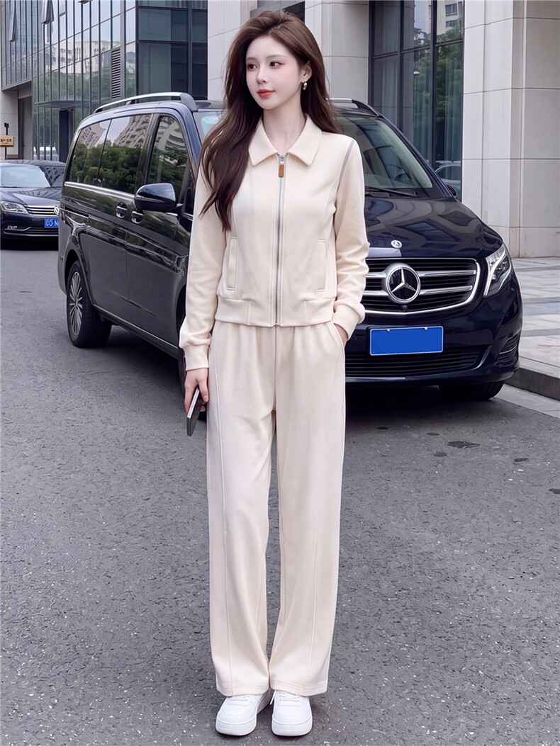 韩系女春秋新款套装时尚洋气休闲减龄翻领开衫外套阔腿长裤两件套,女装套装/套裙,江南