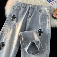 潮牌个性十字架拼皮印花直筒牛仔裤2023年男夏季长裤子N01160-P48，男装牛仔裤，星座308B-2