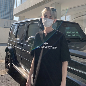 新款美式抖音直播得物痞帅肌理感V领短袖T7515P25控39图片