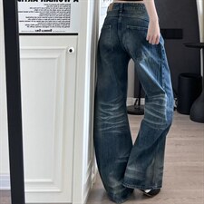 复古竹节纹水洗做旧蓝色弯刀牛仔裤男女设计美式感阔腿裤子NNZ79，男装牛仔裤，星座208-5