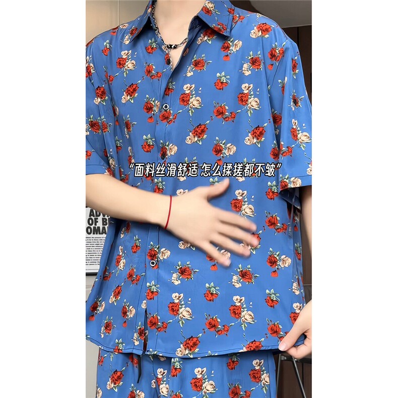短袖衬衫男+短裤男套装男100%聚酯纤维M-5XL大码TZ78702P50控98图片
