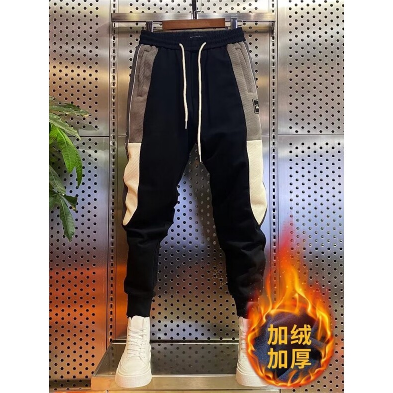 加绒加厚卫裤男2025秋冬裤子男网红拼色休闲裤潮流弹力修身小脚裤图片