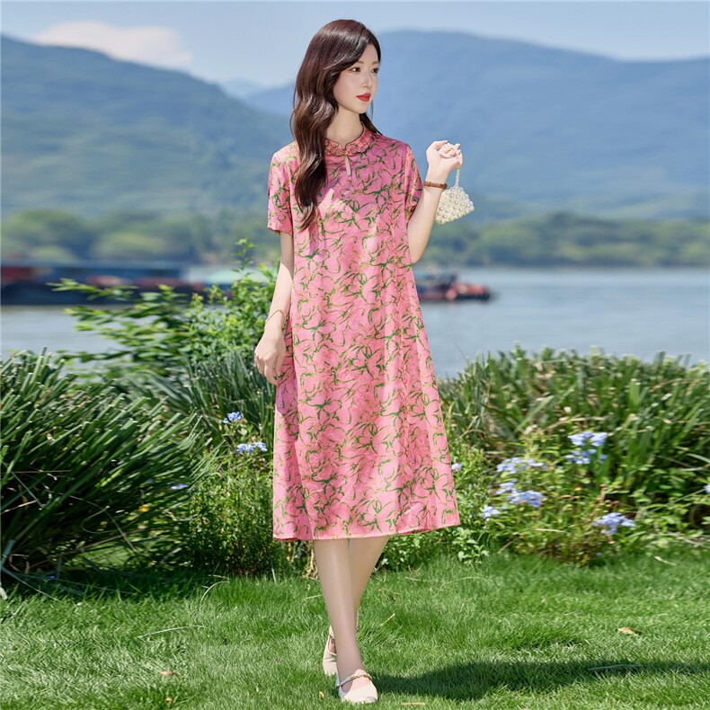 2878时尚复古盘扣印花连衣裙,女装连衣裙,罗得堡