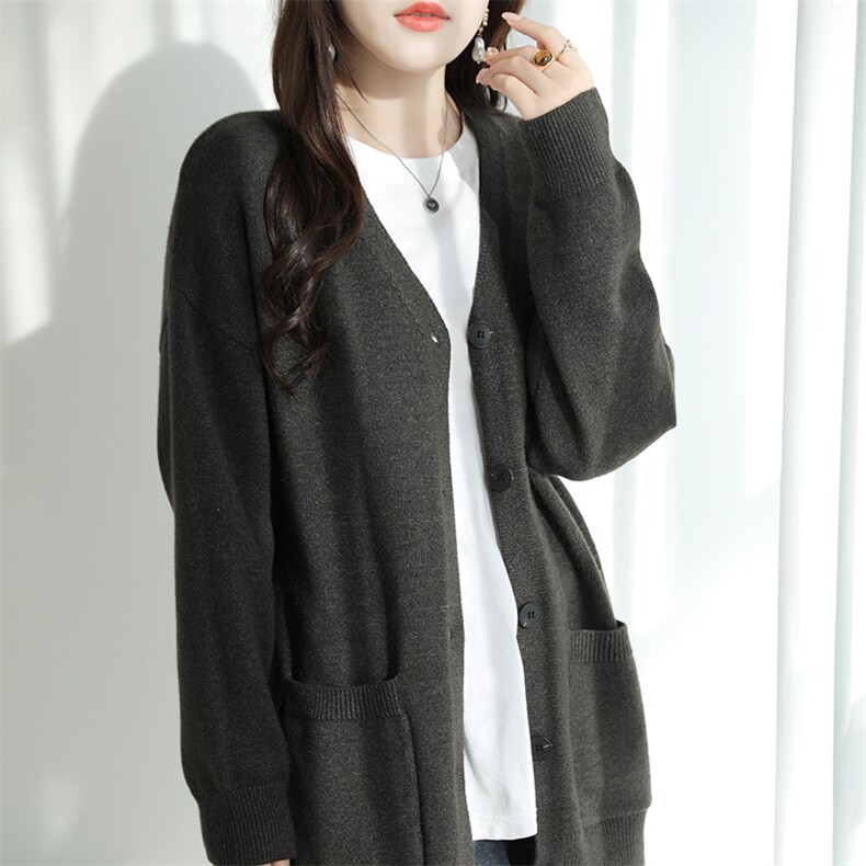 秋季时尚百搭宽松纯色女士外套长袖休闲显瘦开衫，女装针织衫/毛衣，特麦惠羊绒