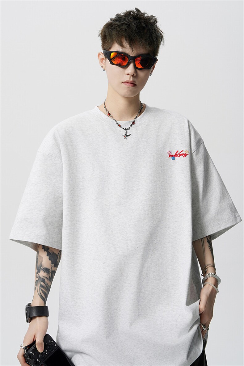 8XL-M高品质纯棉花卉刺绣短袖T恤男女款美式宽松凉感防晒TDX335,男装T恤,电商D206-1