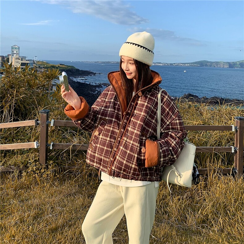两面穿格子设计感棉服2025冬女短款宽松加厚学生棉衣外套,男装棉衣,星座1210-1
