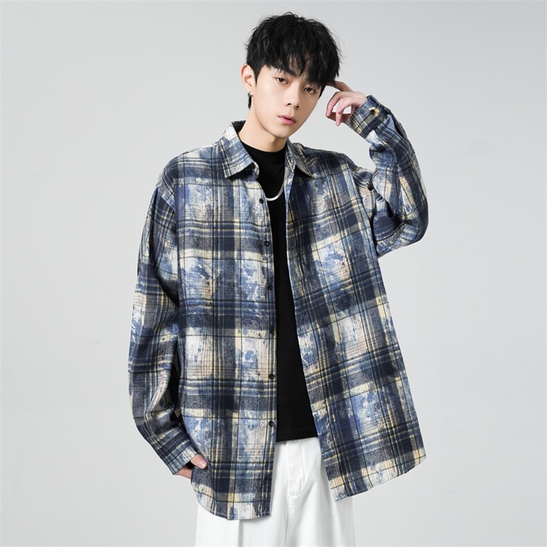 25年春季格子长袖衬衫得物二开衬衣宽松现货DS-C323-1-2389-T批35,男装衬衫,电商C323-1