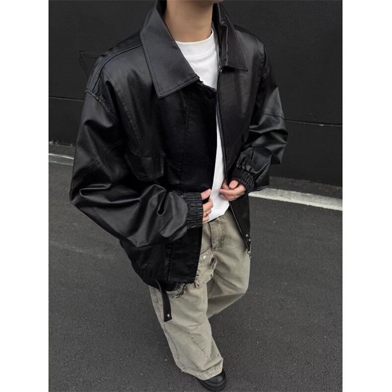 潮流宽松机车服皮衣男潮痞帅气高级感飞行员PU皮夹克外套PM053,男装夹克,星座1116A-1（原606A）