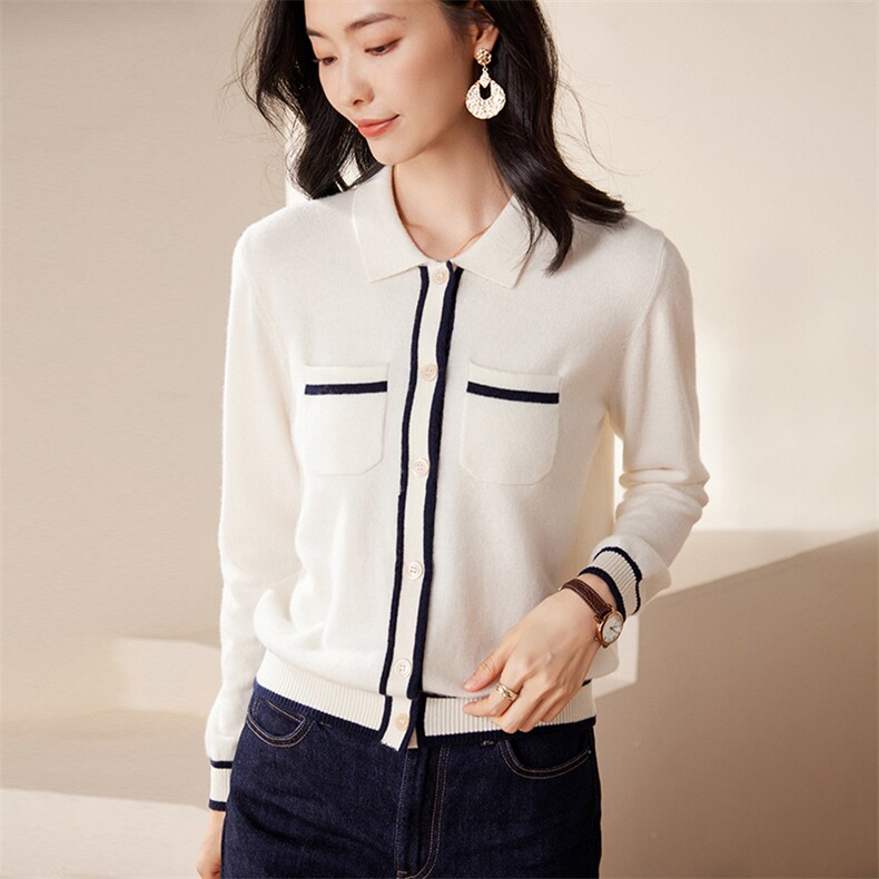 太气质了~秋冬小香风撞色POLO领针织开衫外套，女装羊绒衫，江帆羊绒