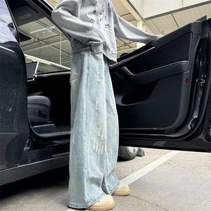 611-3 BK29 特P50 美式复古2做旧磨破水洗宽松显瘦男女阔腿牛仔裤图片