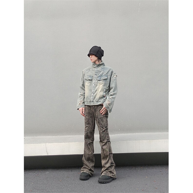 自家图现货！复古色黄泥褶皱牛仔裤微喇叭裤子RN8035-P75/已注册,男装牛仔裤,星座1005-4