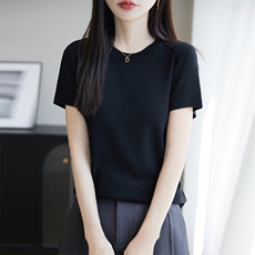 夏季新款桑蚕丝针织短袖T恤女莱赛尔天丝纯色上衣宽松打底衫半袖，女装针织衫/毛衣，朝思羊绒