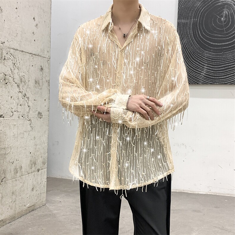 舞台演出明星同款亮片坠感流苏衬衫痞帅男女长袖衬衫外套演出服，男装衬衫，星座909