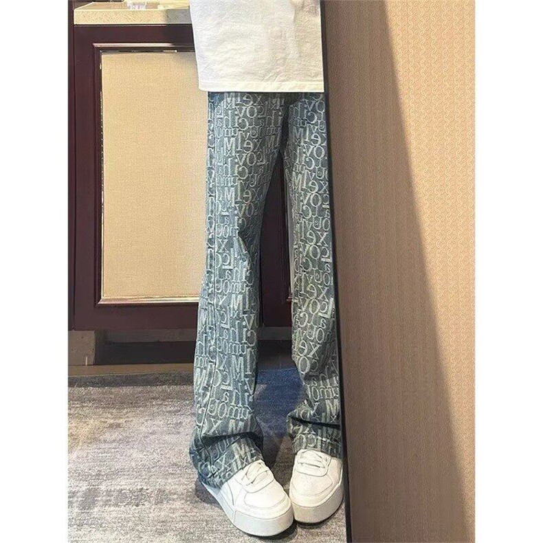 美式复古满印牛仔裤男新款设计感潮牌情侣弯刀微喇裤子LT6800-P47图片