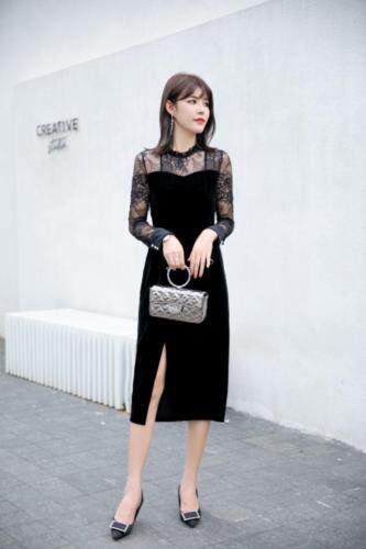 金丝绒搭配蕾丝连衣裙五个码M、乚、XL、XXL、XXX，女装连衣裙，拉思维加丝