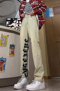 特批P52无差价2024早秋男士美式字母印花男女同款宽松休闲牛仔裤图片