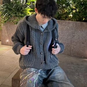 麻花连帽毛衣外套女羊毛衫短款开衫大码加厚春秋2025新款宽松