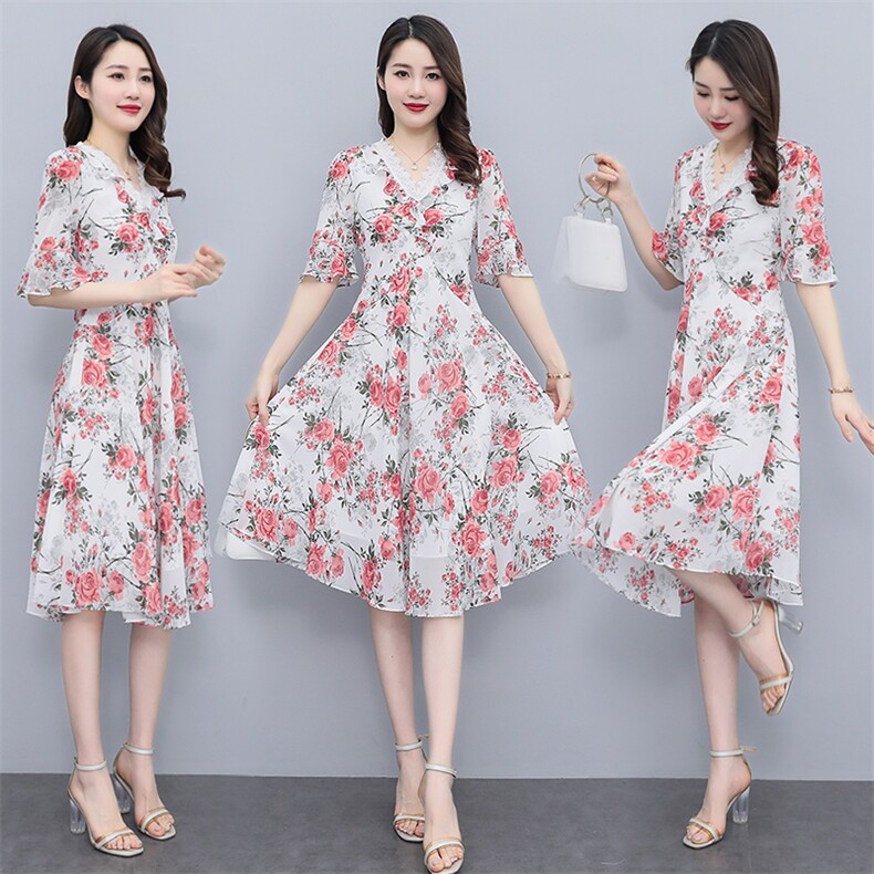 现货秒发新款雪纺印花甜美气质V领短袖碎花修身显瘦中长款连衣裙，女装连衣裙，琦鑫阁（原依鑫阁）