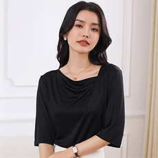 三醋酸断面荡领五分袖短袖t恤女薄款夏季透气百搭高级感半袖上衣，女装T恤，伊绒腾羊绒