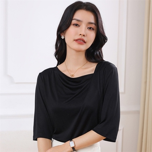 三醋酸断面荡领五分袖短袖t恤女薄款夏季透气百搭高级感半袖上衣图片