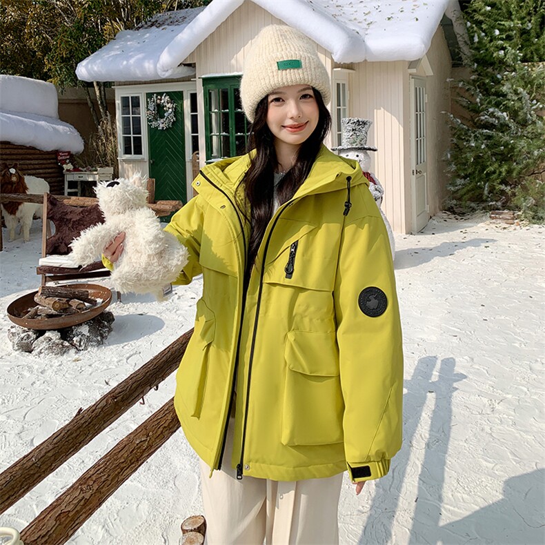 黄色连帽工装派克羽绒服女2025年冬季外套高级感韩系小个子白鸭绒,女装羽绒服,2C218