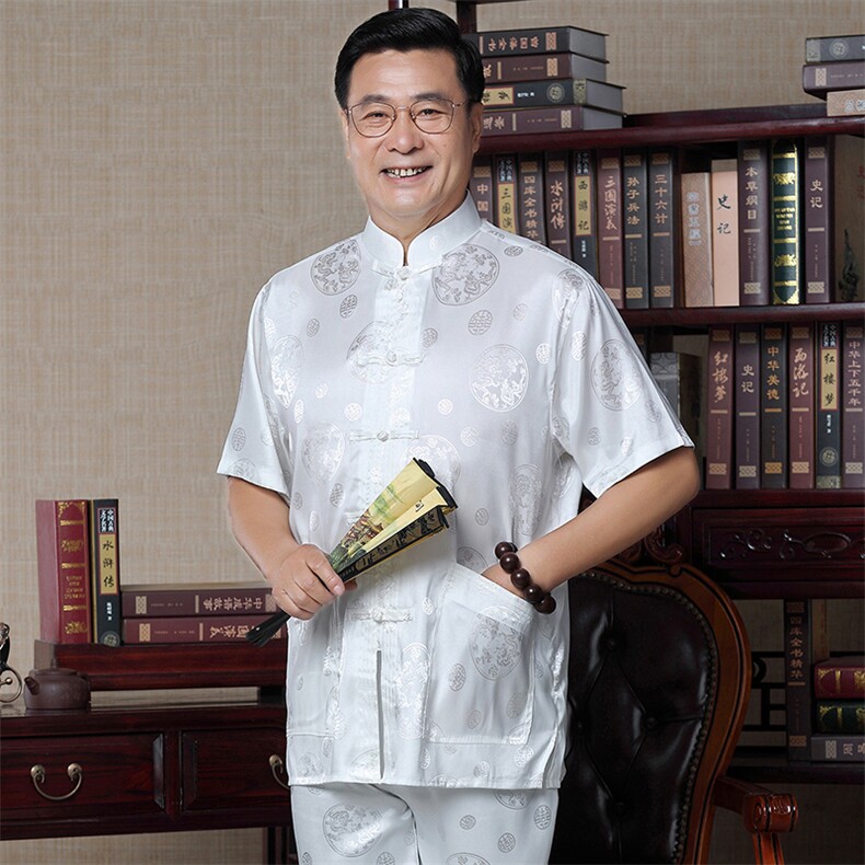 太极服男中老年唐装套装宽松绣花短袖汉服爸爸装中式冰丝薄款衬衫，男装中老年男装，钱塘723