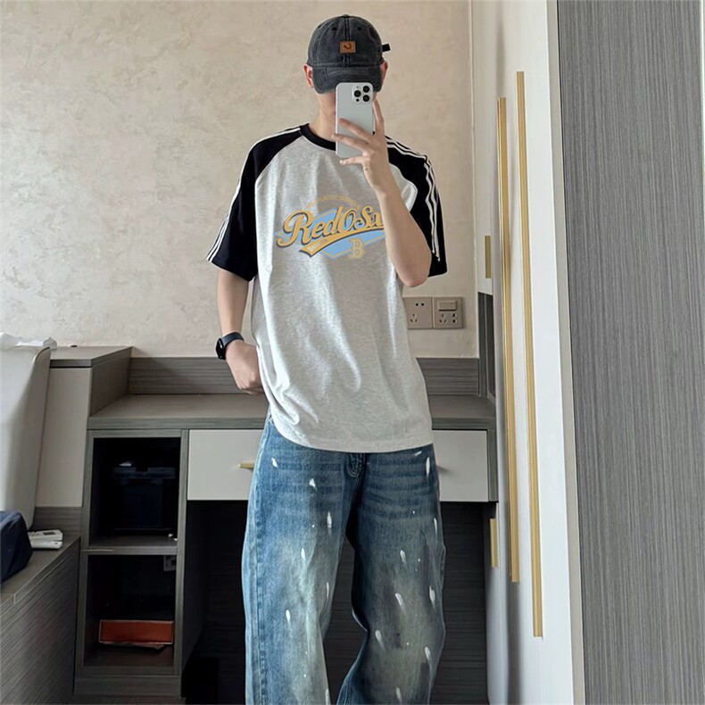 抖音得物品质二开240克宽松纯棉美式潮牌插肩三杠织带短袖T恤,男装T恤,电商A486