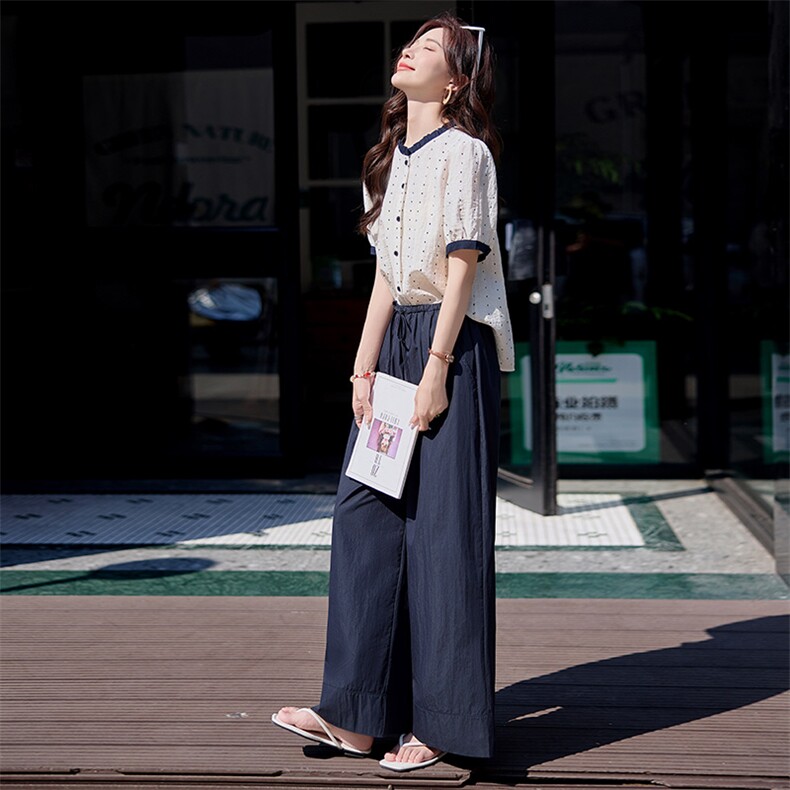 波点撞色短袖宽松上衣两件套女显瘦直筒裤女2025夏季新款套装,女装套装/套裙,梦懿尔